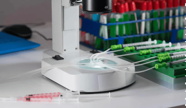 Microfluids being examined under a microscope